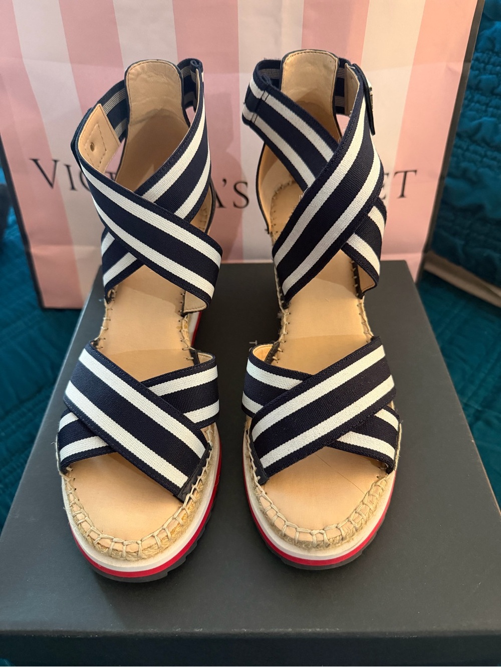 Tommy Hilfiger Navy & White Striped Crisscross Wedge Sandals